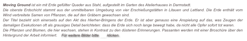 Moving Ground ist ein mit Erde gefüllter Quader aus Stahl, aufgestellt im Garten des Atelierhauses in Darmstadt.
Die oberste Erdschicht stammt aus der unmittelbaren Umgebung von vier Erschießungstätten in Litauen und Lettland. Die Erde enthält vom Wind verbreitete Samen von Pflanzen, die auf den Gräbern gewachsen sind. 
Der Titel bezieht sich einerseits auf den Akt des Hierher-Bringens der Erde. Er ist aber genauso eine Anspielung auf das, was Zeugen der damaligen Exekutionen oft als grausiges Detail berichteten: dass die Erde sich noch lange bewegt habe, da nicht alle Opfer sofort tot waren. 
Die Pflanzen und Blumen, die hier wachsen, stehen in Kontrast zu den düsteren Erinnerungen. Passanten werden mit einer Broschüre über den Hintergrund der Arbeit informiert.    Für weitere Bilder bitte hier klicken.